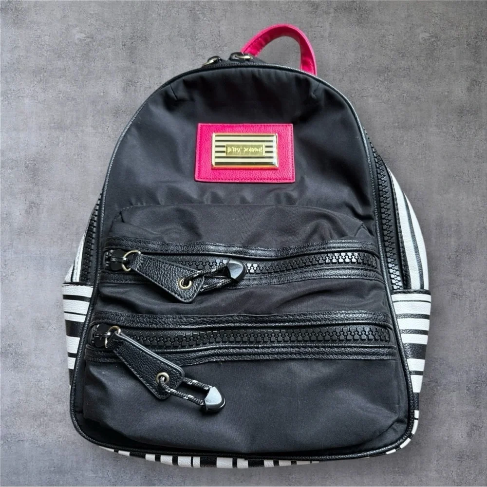 Betsey Johnson Black & White Striped Backpack with Floral Lining